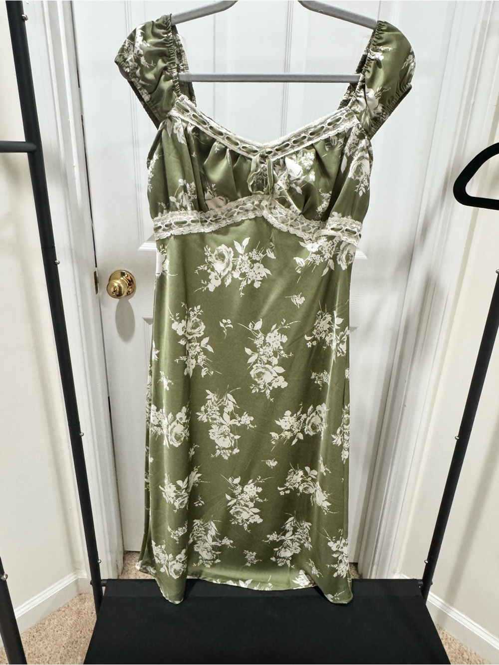 Derek Heart Olive Green Satin and Floral Lace-Trim Midi Slip Dress